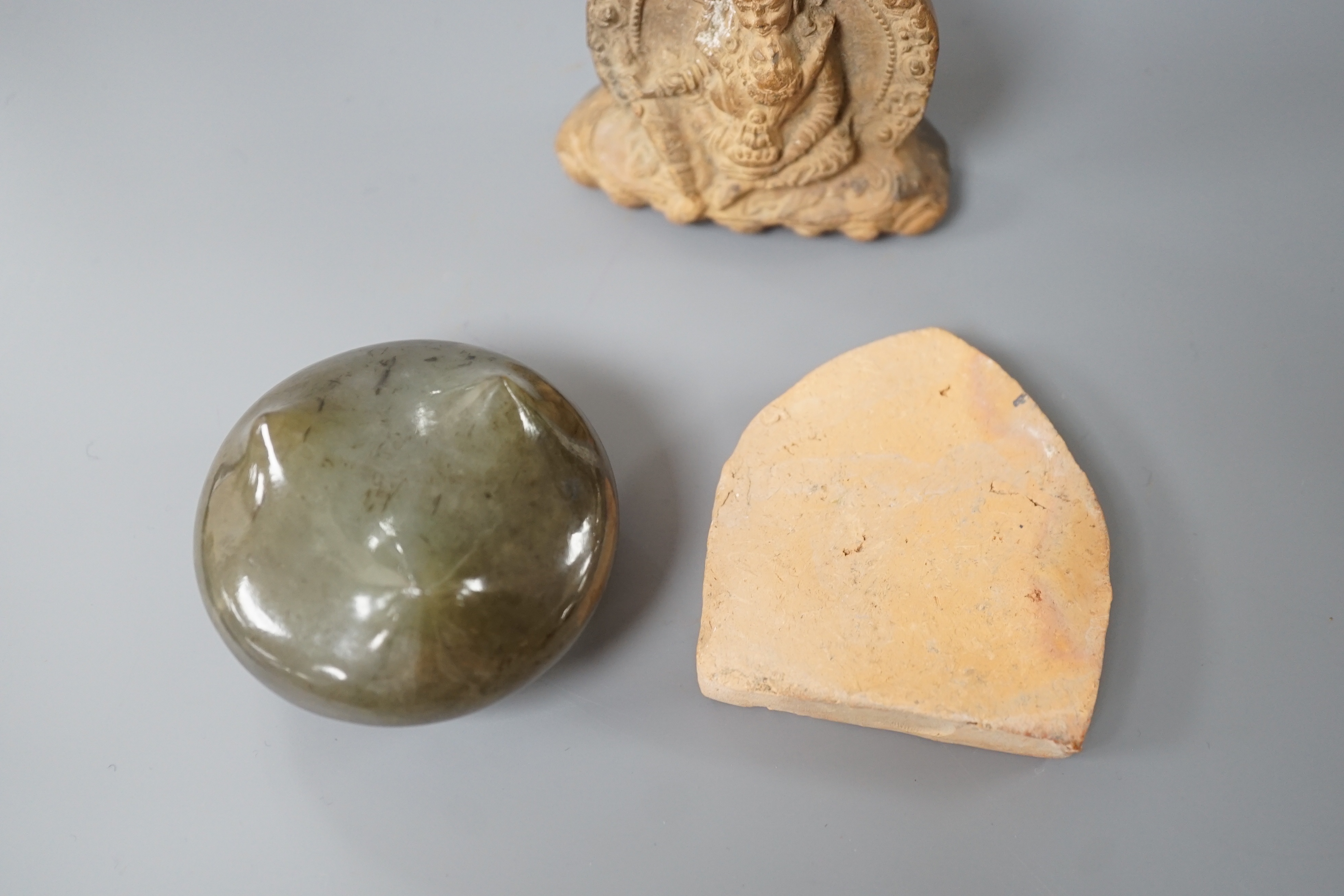 Chinese hardstone censer and two Tibetan terracotta ‘Buddha’ panels